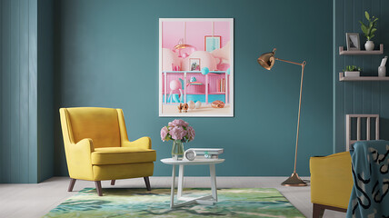 interior design mockup Interior of modern living room with poster and yellow armchair over gray wall 3d rendering Candyland Bubblegum pink pale yellow aqua soft purple Silk Painting