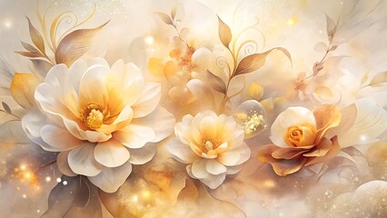Fototapeta premium Soft floral bouquet illustration featuring blooming flowers and delicate details on light pastel background with copy space