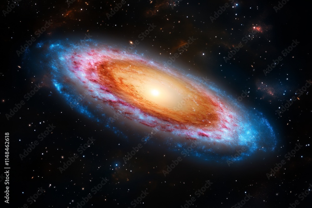 Poster a supermassive black hole at the center of a galaxy, with swirling light and matter creating a vivid