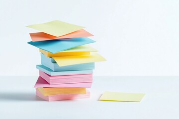 Colorful sticky notes stack arranged on white background. Different vibrant colors create visual display. Creative note arrangement for planning reminding. Study, office supplies concept. Isolated