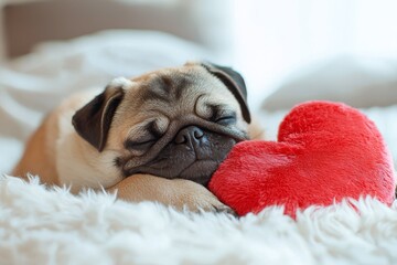 Cute pug resting peacefully with a red heart-shaped toy on a fluffy blanket in a cozy indoor setting
