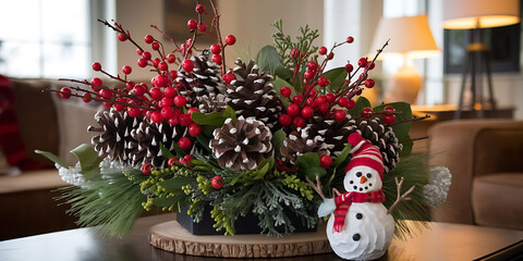 A festive Christmas arrangement with red berries, pine cones, and green branches