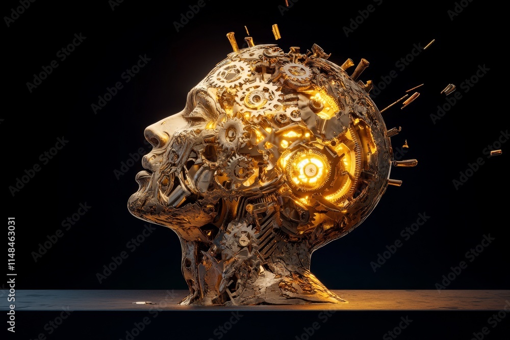 Poster A surreal scene of a person head splitting open to reveal a complex mechanism of spinning gears inside, illuminated by soft, golden light