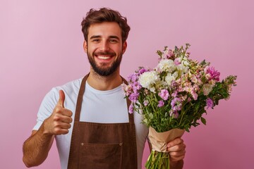Happy man holding a bouquet of flowers against a pink backdrop while giving a thumbs up
