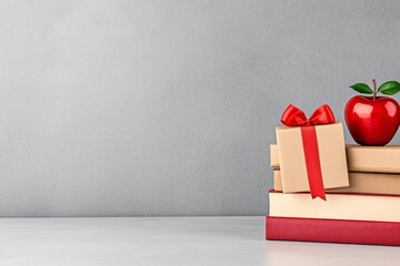 A teacher desk with a small gift and a thank-you card from a student, surrounded by books and apple decor