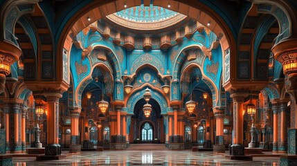 Obraz premium Opulent palace interior with intricate details, arches, and vibrant colors.