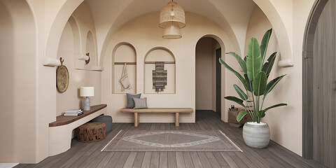  of a boho Mediterranean interior design of a modern home entryway hall with arched walls