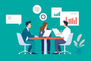 Strategic Business Meeting:  A team of professionals collaborates around a table, reviewing data charts and documents.  The illustration depicts a productive and focused business meeting. 