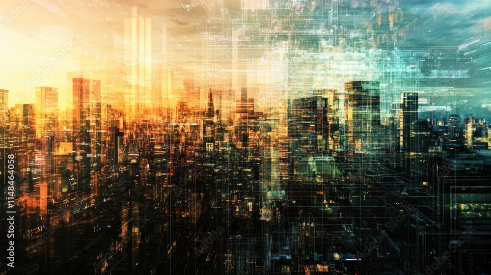 Poster cityscape illuminated at sunset with digital neural network overlay representing integration of arti