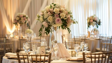 The centerpiece of the table is a stunning tiered cake, adorned with fresh flowers, adding a perfect finishing touch to the beautiful setting.