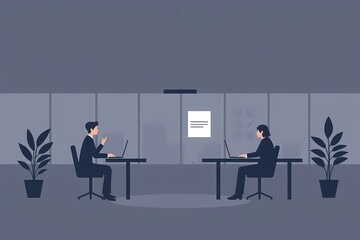 Distant Collaboration: Two business professionals engage in a remote meeting, maintaining social distance in a modern office setting.