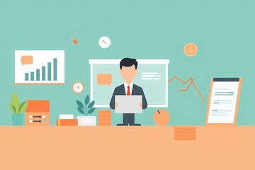 Businessman Analyzing Data: Flat design illustration of a businessman working on his laptop in a modern office setting.