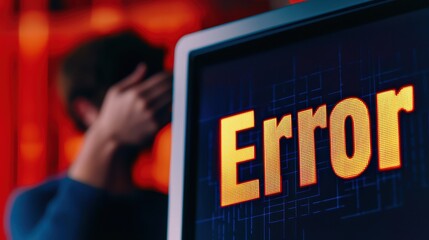 Figure it out Concept, Digital Screen Displaying Error Message with Frustrated Person in Background