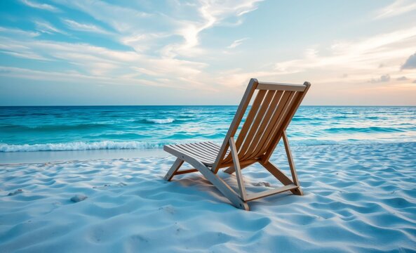 Beach paradise, wooden lounge chair, pristine white sand, turquoise ocean waves, pastel sunset sky, tranquil seascape, tropical vacation, serene atmosphere, coastal relaxation, empty beach, idyllic sc