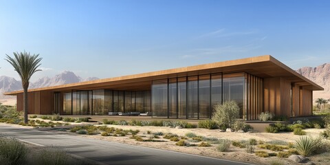 Obraz premium A minimalist desert villa with clean lines and expansive glass walls, blending seamlessly into the arid landscape and showcasing uninterrupted views of the sandy horizon. 