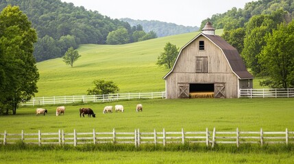 Quaint Farm Scene with Barn and Grazing Cattle