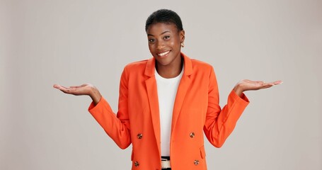 Black woman, portrait and shrug in studio with fashion, style opinion and options on offer. Girl,...