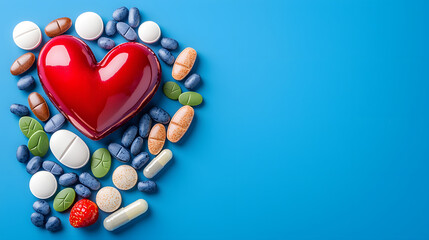 Fototapeta premium Heart Health: A red heart surrounded by a variety of pills and capsules on a vibrant blue background. This image is ideal for health, wellness, and medical themes. 