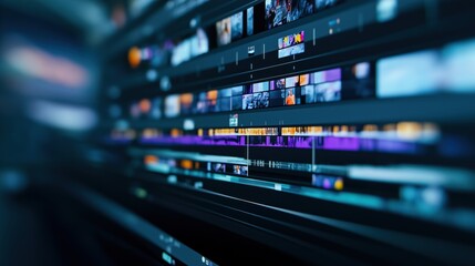 Close-up computer screen shows video editing timeline. Organized clips, audio tracks. Vibrant colors display creative video production software. Multimedia project management interface. Pro video