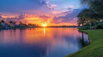 Vibrant sunset over calm lake, palm trees lining shore. Ideal for travel, real estate, or vacation themes.