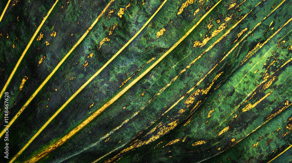 Poster close-up view of a vibrant green leaf showcasing unique patterns and textures in nature's design