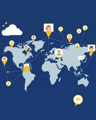 A map of the world with connecting lines and pins, showing people from different cultures working together virtually