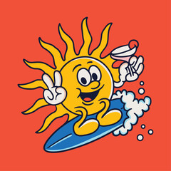 Vintage Summer Mascot Sun Surfing Holding Martini Glass