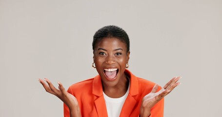Excited, surprise or portrait of black woman in studio for good news, lottery and bonus prize. Wow,...