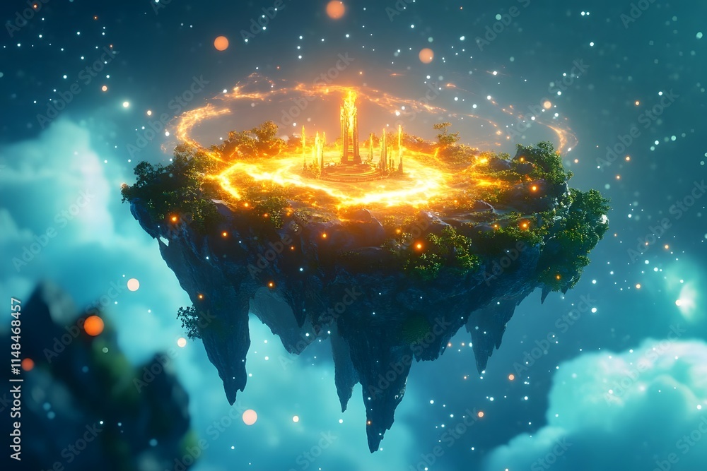 Poster a floating island with glowing structures and lush greenery, set against a starry sky.