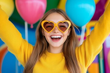 A young woman wearing heart-shaped sunglasses, posing playfully in front of a colorful carnival background