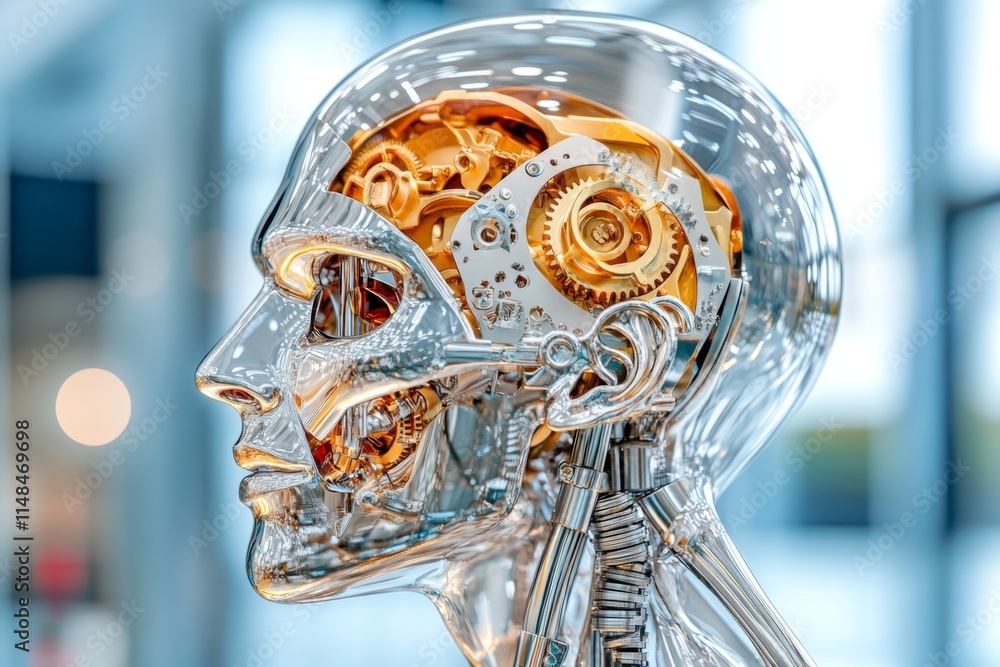 Poster an ultra-detailed close-up of a metallic human head with visible gears inside, showing reflections o