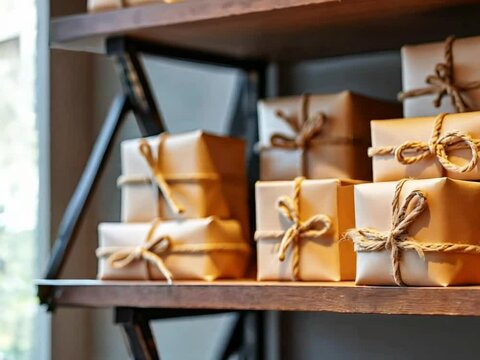 Beautifully wrapped gifts arranged on wooden shelves in a cozy shop