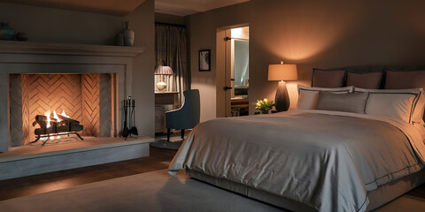  of a king bed with soft bedding near a fireplace