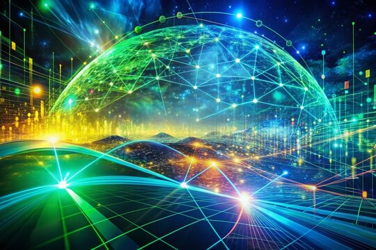 Abstract Digital Background: Data Flow & Cyberspace Code Double Exposure Stock Photo