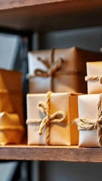 Gift-wrapped packages arranged neatly on wooden shelves in a cozy setting