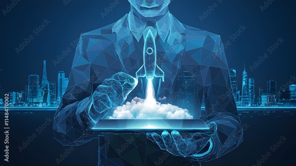 Poster an abstract businessman is holding a tablet with rocket launching a hologram. digital boosting or st