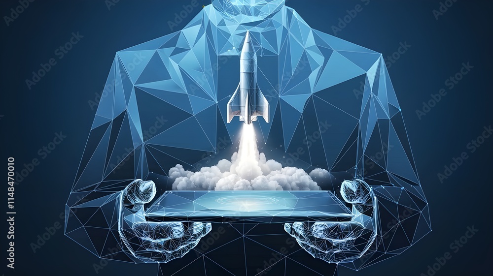Poster an abstract businessman is holding a tablet with rocket launching a hologram. digital boosting or st