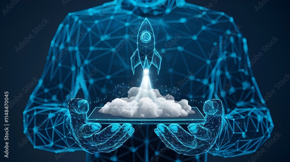 Poster an abstract businessman is holding a tablet with rocket launching a hologram. digital boosting or st