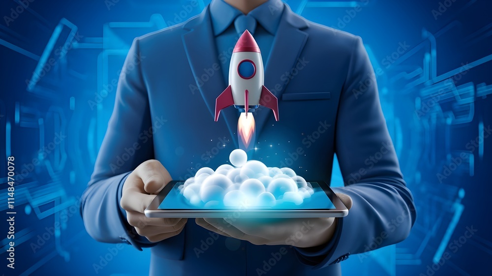 Poster an abstract businessman is holding a tablet with rocket launching a hologram. digital boosting or st