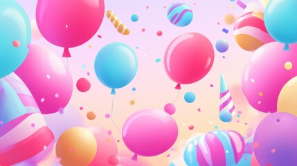 A whimsical birthday background featuring bright balloons, candy-like decorations, and playful confetti in a vibrant vector style.