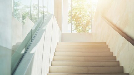 Fototapeta premium Minimalist modern staircase with clean, elegant design. Featuring neutral tones and sleek materials