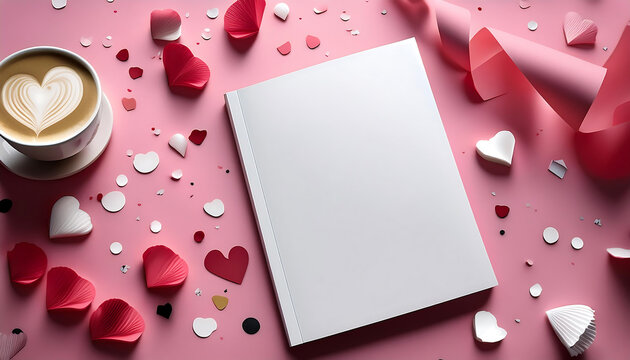 A clean white magazine cover mockup rests on a striking pink background, surrounded by playful heart-shaped decorations and a latte art coffee cup, inviting artistic inspiration for February designs