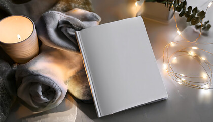 The white magazine cover mockup sits on a polished concrete table, surrounded by cozy textures, fairy lights, and a flickering candle, fostering a serene atmosphere for creativity