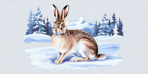 A watercolor style illustration of a snow hare with its ears flat against its head