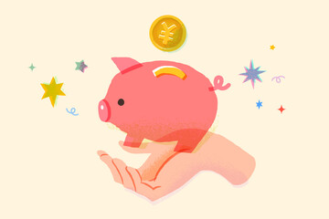 豚の貯金箱を持つ手、貯金や投資、副業などのイメージイラスト
