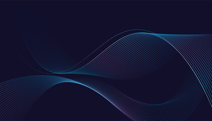 Dark abstract background featuring glowing, flowing wave lines in a modern purple-to-blue gradient. Futuristic design with shiny, smooth motion, perfect for technology-inspired visuals. Vector 