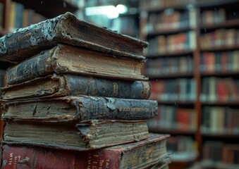 Stack of antique books in a dimly lit library, exuding nostalgia and history.