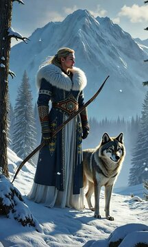 Skadi, the goddess of winter and hunting, standing in a snowy forest, holding a bow, dressed in fur-lined robes, embodying resilience