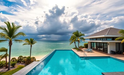 Fototapeta premium Modern beach house with infinity pool and palm trees ocean front property ocean property house home beach real estate