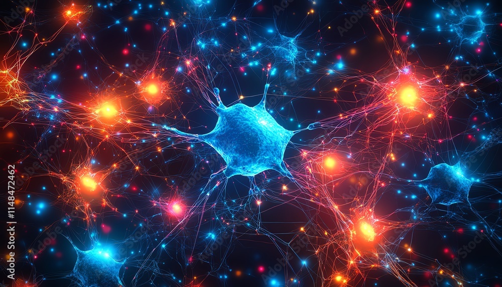 Poster ai and neural network circuits, complex digital pathways and connections, glowing lines representing